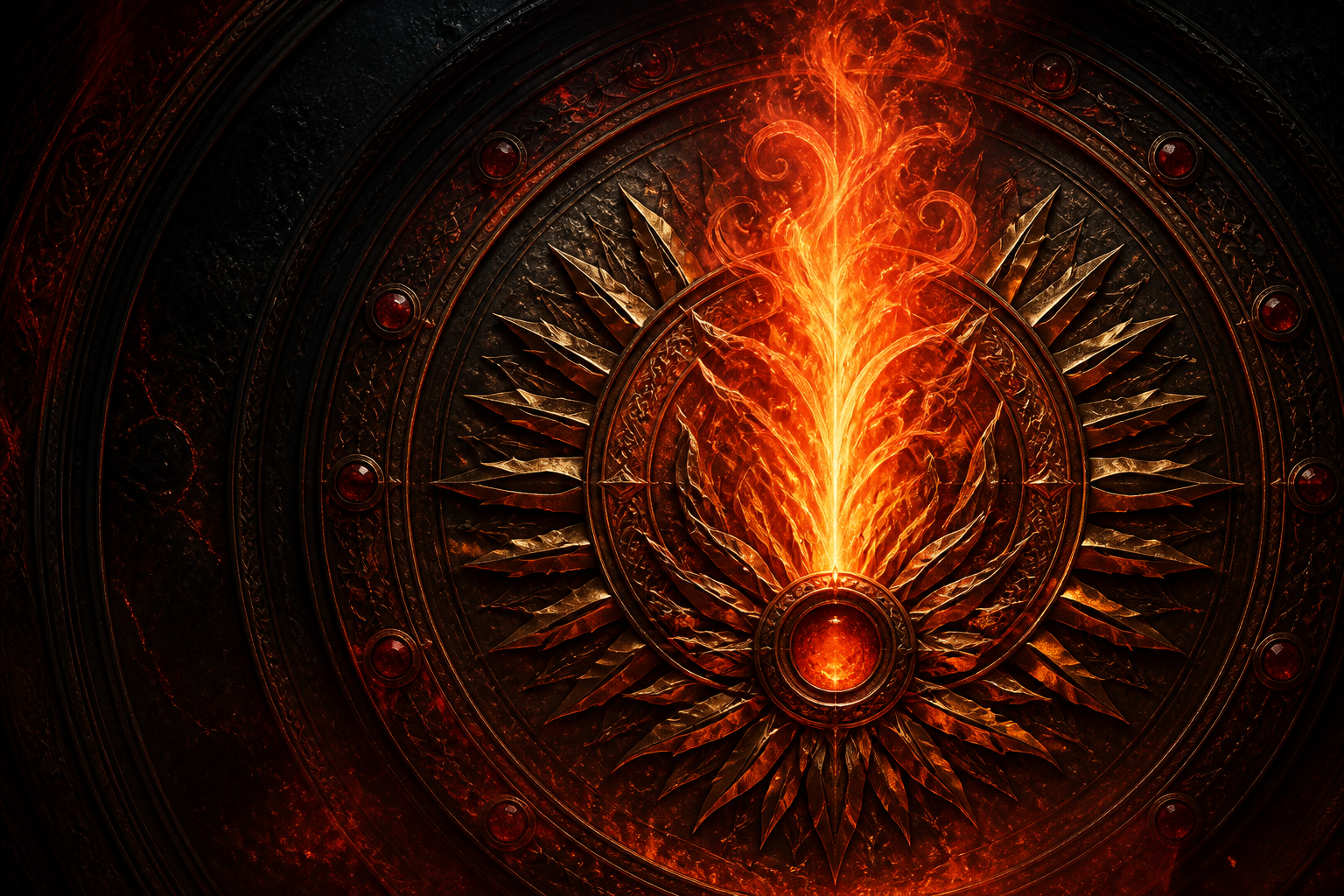 Original abstract forged-metal sunburst with concentric engraved arches, glowing red glass points and a vertical plume of orange flame